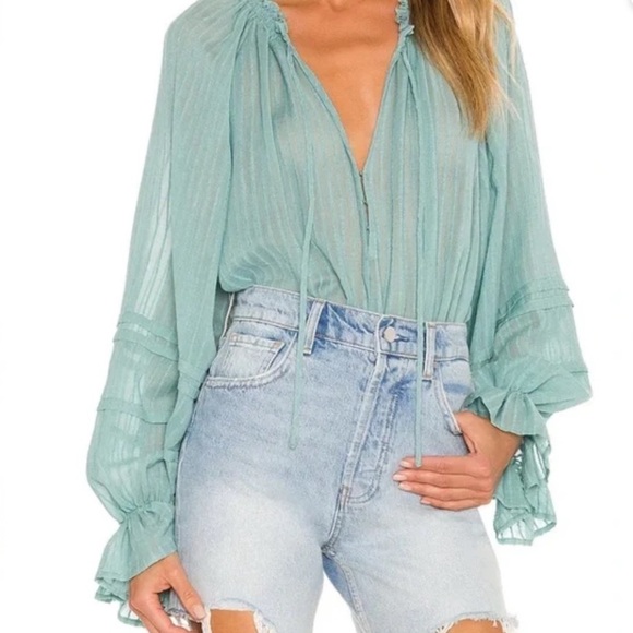 NEW FREE PEOPLE Blue/Green Split Neck Textured Long Sleeve Blouse NWT - Picture 7 of 10
